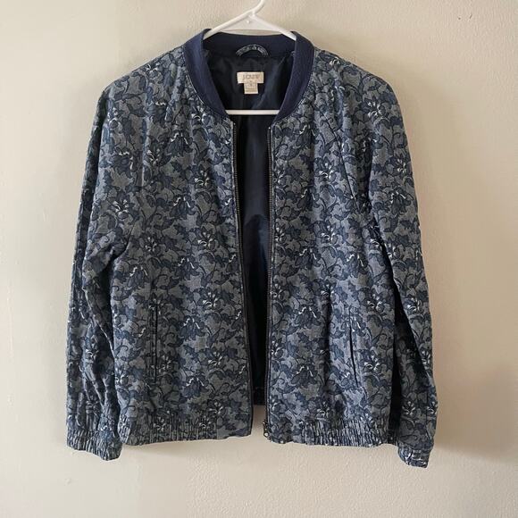 J. Crew Factory Denim Floral Print Bomber Jacket Womens Small Blue Casual Chic - Picture 1 of 10
